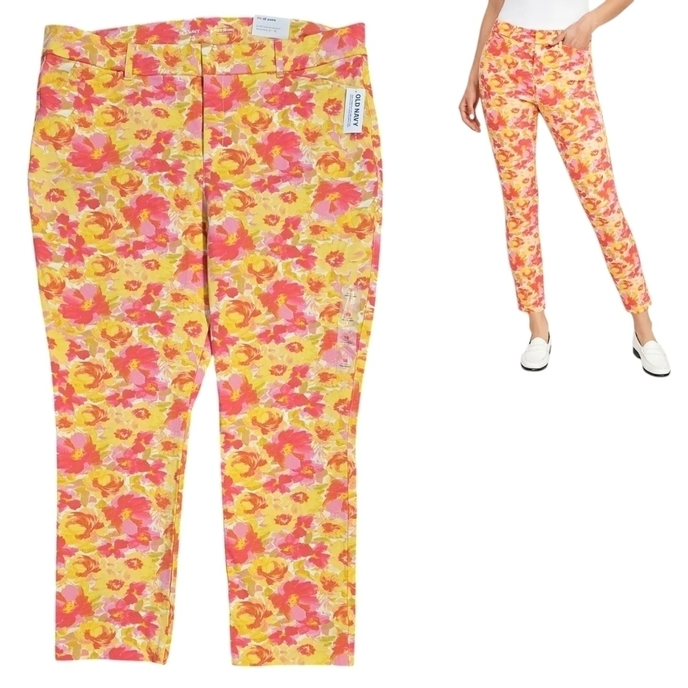 Old Navy NWT High Rise Pixie Ankle Skinny Pant Pink Yellow Floral Romantic FLAW